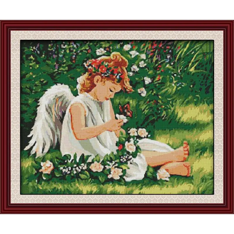 Angel On Greenery Embroidery Set Cross Stitch Needlework Kit Counted Printed Canvas Dmc 14ct