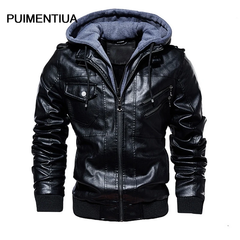 Puimentiua, мужская куртка из искусственной кожи с капюшоном, осенняя и зимняя теплая Повседневная кожаная куртка, пальто из искусственной кожи, тонкая куртка на молнии