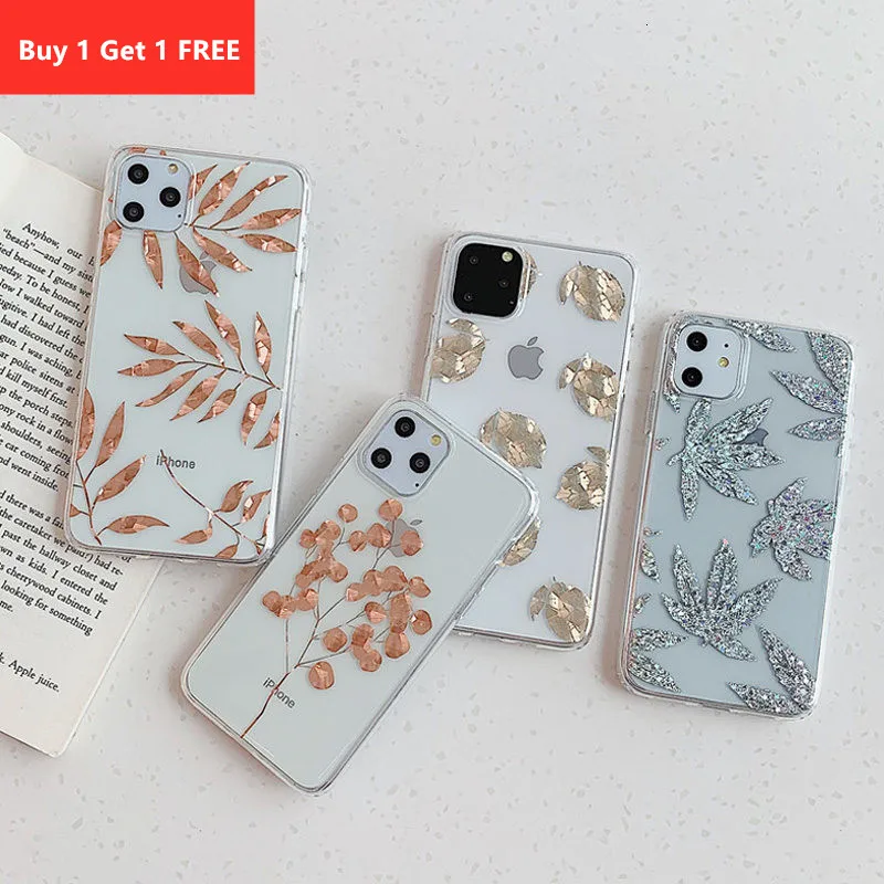 Прозрачный чехол с листьями для iPhone 7 8 Plus 11 Pro X XS XR Max блестящий телефона твердый ПК