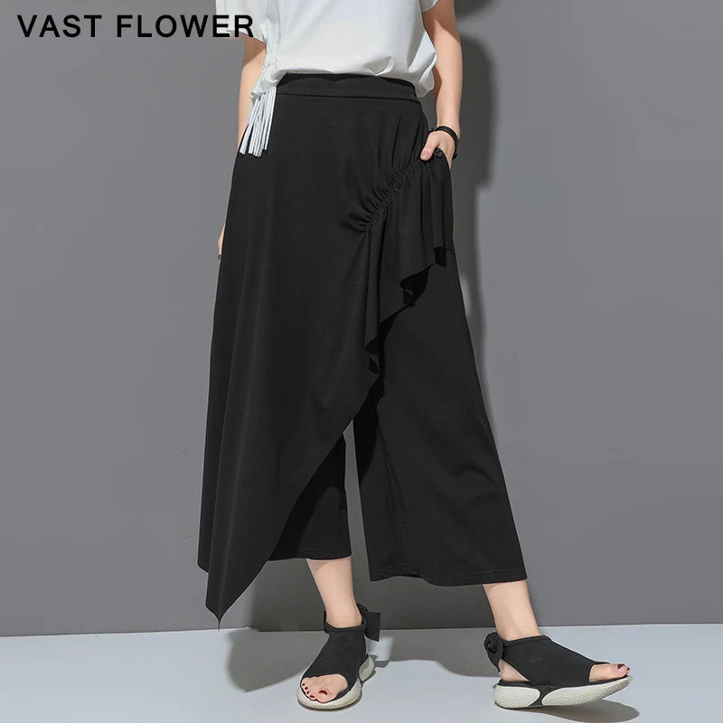 

2021 New Spring Autumn Black High Elastic Waist Wide Leg Pants Women Ruffles Patchwork Casual Loose Trousers Fashion Streetwear