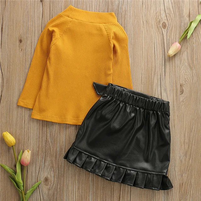 Toddler Kids Baby Girls Clothes Long Sleeve Pullover Sweater Tops Button PU Leather Ruffles Skirts 2pc Children Girls Outfits 3