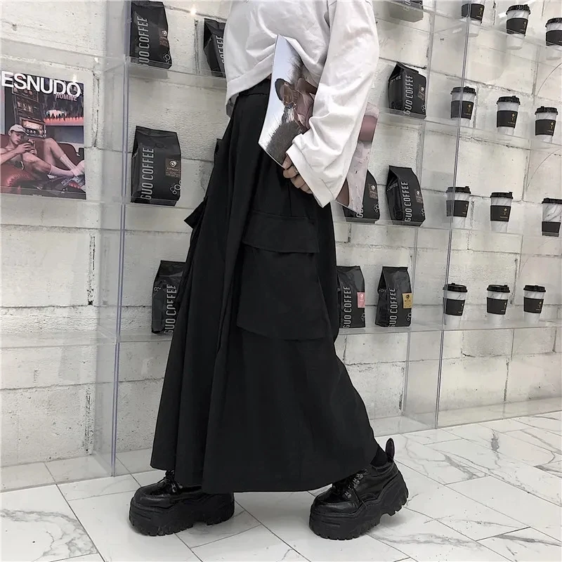 Large swing high-quality black wide-leg pants with slits female summer fall feeling nine-point tooling large pocket hakama trend