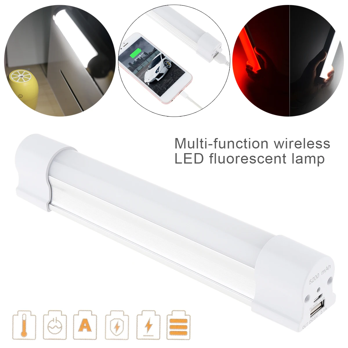 Multi-function Wireless LED Fluorescent Lamp Rechargeable with 5 Modes for Outdoor Camping