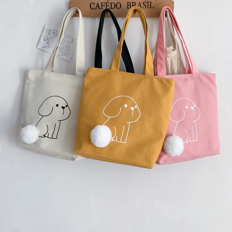 

High Quality Canvas Bag Shopping Bag with Lining Fashion Printed Puppy Plush Tail One-Shoulder Handbag
