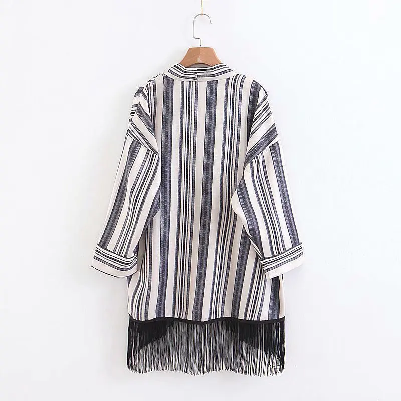 

2018 Western Style Spring And Summer WOMEN'S Dress New Style Tassel Stripes Kimono-Style Coat