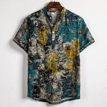 

Men Fashion Ethnic Short Sleeve Casual Cotton Linen Print Hawaiian Shirt Blouse ropa hombre elegante рубашка мужская
