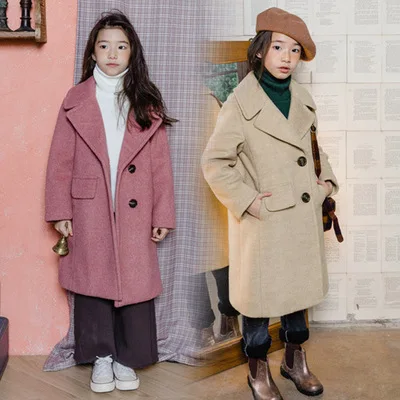 

Girls Autumn 2019 New Style Woolen Jacket Korean-style Thick CUHK Children's Woolen Cloth Coat Mid-length Trench Coat-