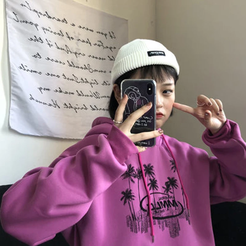 Стиль Harajuku свободный пиксель с капюшоном женский утолщение плюс длинный рукав принт светло розовый Топы o-образным вырезом Женская толстовка