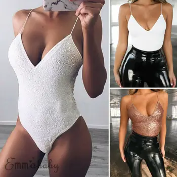 

Women's Sexy V Neck Sequin Short Romper Jumpsuit Sleeveless Stretch Party Leotard Lady Bodysuit Top Thong Body Suit T shirt