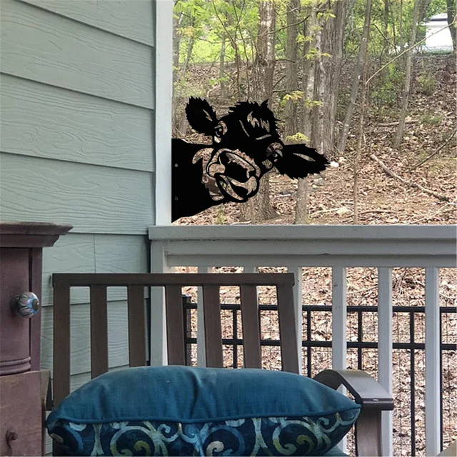 Fém Kukucskáló Tehén Kültéri Kerti Díszek Művészeti Farm Udvar Falfa Medál Szarvasmarha Dekoráció Szobrok - Image 3