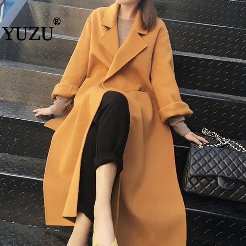 

Vintage Wool Coat Winter Warm Wool Blends Adjustable Belt Solid Turn-down Collar Women Office Work Wear Elegant Overcoat