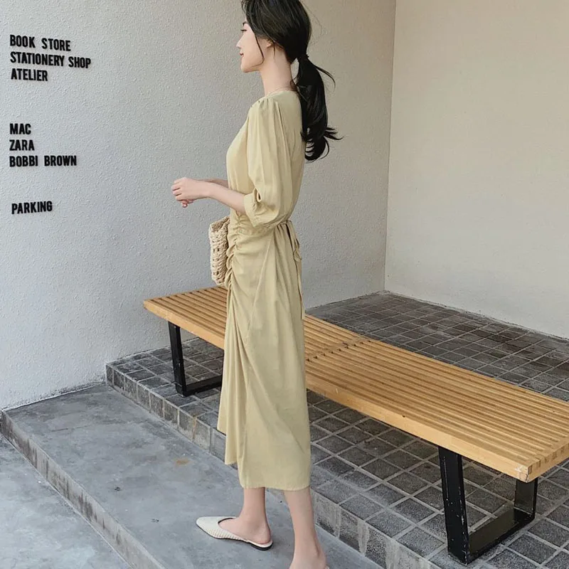 Elegant Office Summer White Dress Women 2020 New Korean Folds Slim Mid-Length Dress Ladies A-Line Short Sleeve Dress Female