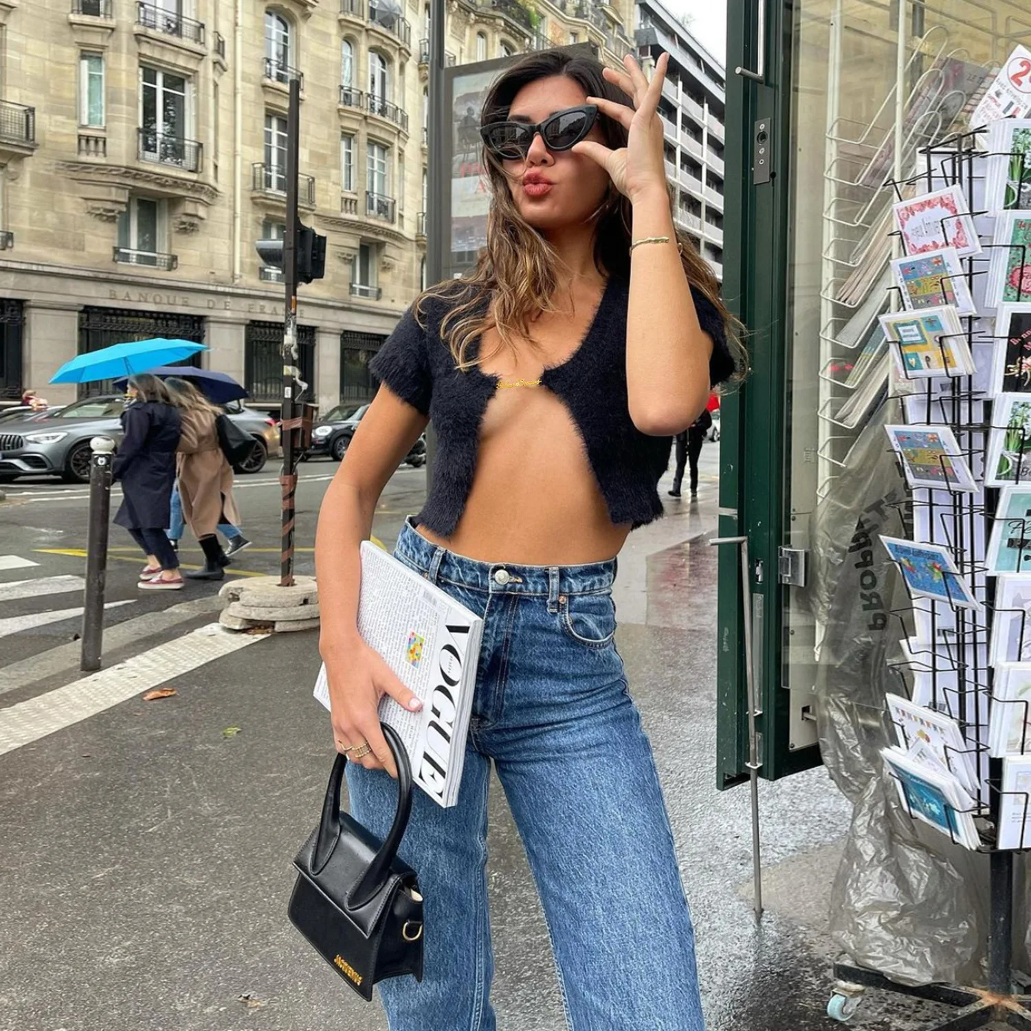 Cárdigan corto elegante, suéter de manga corta de punto de mohair, camisetas sin mangas con letras y cadena para mujer, novedad 2025