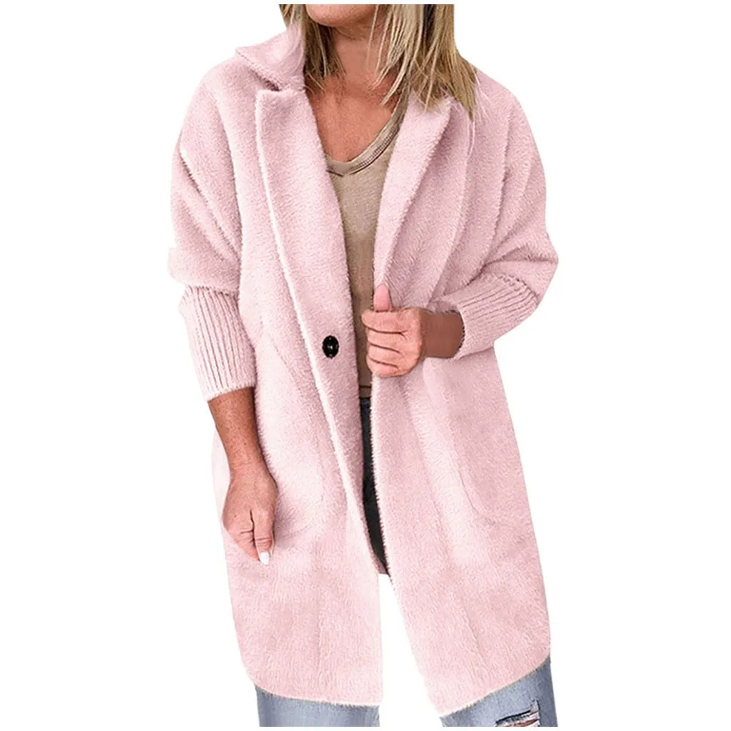 Pink Зимние женские теплые куртки, свободные плюшевые пальто, женская куртка с отворотом, зимняя длинная верхняя одежда, топы с мехом, повседневные зимние пальто размера плюс - Цвет: Pink