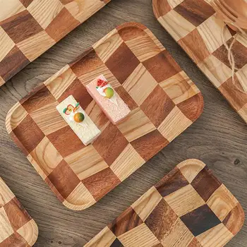 

30x20cm Solid Wooden Tray Food Dessert Fruits Plate Tray Square Grid Design Service Platefor Home Store