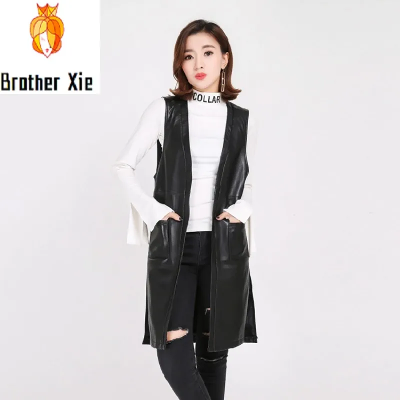 

2020 Spring Sheep Leather Vest Real Leather Solid Black Pockerts Overcoats Sheepskin Natural Long Jackets Sleeveless Outwear