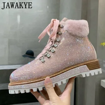 

Bling Bling Crystal Ankle Boots Thick Sole Winter Fashion Combat Shoes Wool Fur Snow Boots Flat Platform Warm Shoes women botas