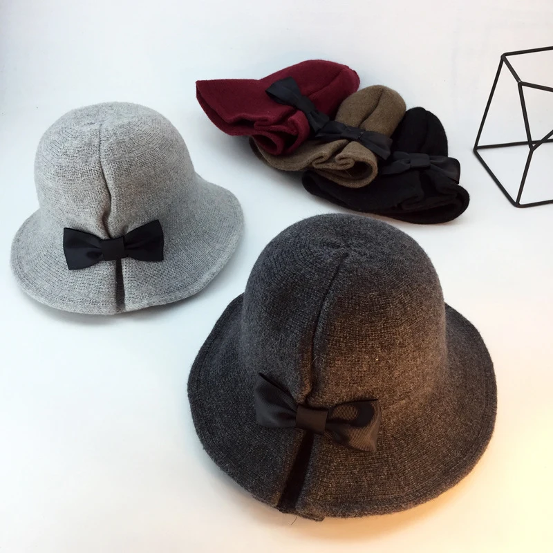 Новинка, вязаная шапка, модная, однотонная, шерстяная, Рыбацкая шапка, женская, зимняя, уличная, сохраняет тепло, шапки для отдыха, Ретро стиль, шапка с бантом, s TG0135
