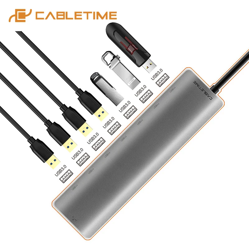 

CABLETIME USB C Hub USB 3.1 Type-C to 7 in 1 USB 3.0 Hub High Speed with Power USB Type C Hub for Macbook Computer Laptop C048