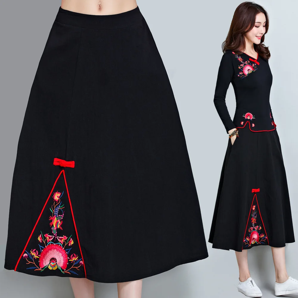 

T8738589 Spring New Style Ethnic-Style Cotton Linen Medium-length Dress Women's Embroidered Retro Skirt Women's Big Skirt