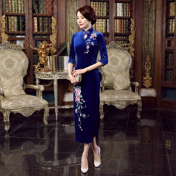 

traditional Blue Women cheongsam new velvet sleeves cheongsam embroidered Slim fashion long temperament daily dress cheongsam