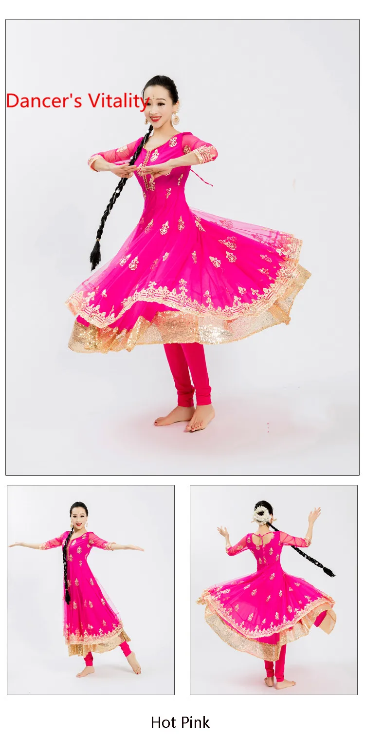 Для женщин Взрослый Индийские танцы вышитые двухслойный платье с большим подолом штаны с фатиновой Юбкой Костюм для восточного танца Костюм для сценических выступлений костюм