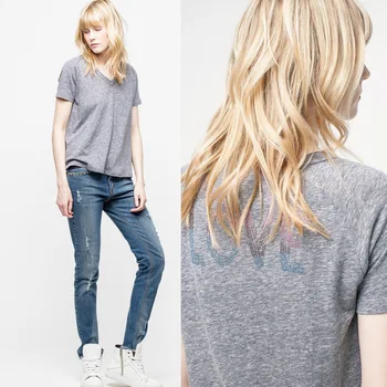 

2020 Spring Summer Women Diamond-ironing LOVE Letter Cotton V-neck Grey Short Sleeve T-shirt