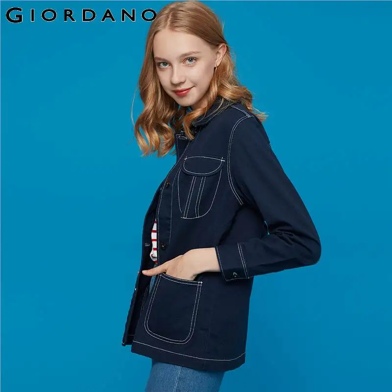 Giordano Женская куртка хлопок 3D карман Модные жакеты Mujer с длинным рукавом и пуговицами спереди шамары De Mujer 05379747