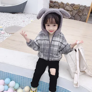 

Winter new children's jacket Korean children's thickening plus velvet tops plaid woolen woolen rabbit ears