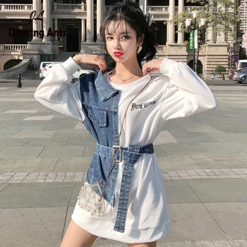 

Women Jeans Jacket Long Sleeve O-neck Lace Up Denim Coat Korean Style Patchwork Letter Printed Belt Casual Female Denim Outwear