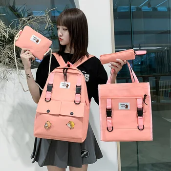 

4set Backpack Fashion Women Backpack Canvas Shoulder Bags Cartoon Print Girl School bag Mochilas Female Child Student Backpacks