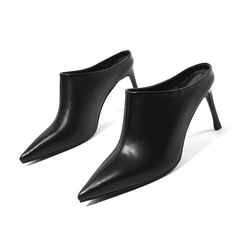 ENMAYER/ г.; Роскошная обувь; женские вечерние туфли без шнуровки; новые туфли без задника на тонком высоком каблуке с острым носком; женские туфли-лодочки из натуральной кожи - Цвет: Черный