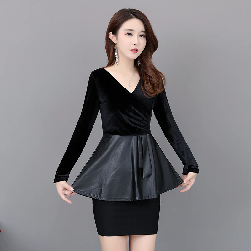  Casual Office Ladies Tops Long Sleeve v Neck Black Ruffles Pu Leather Shirts Bow Sashes Work Wear W