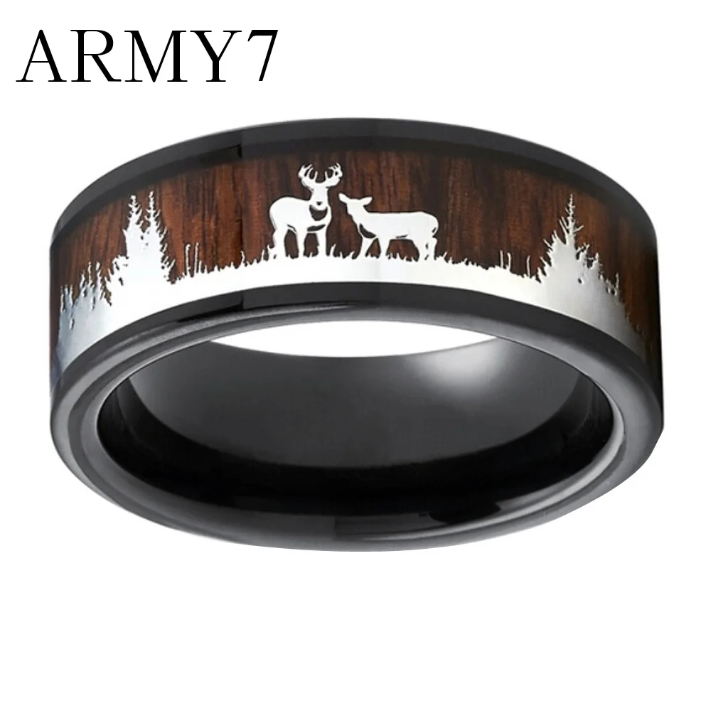 Мужское и женское деревянное кольцо с принтом оленя черное деревянной