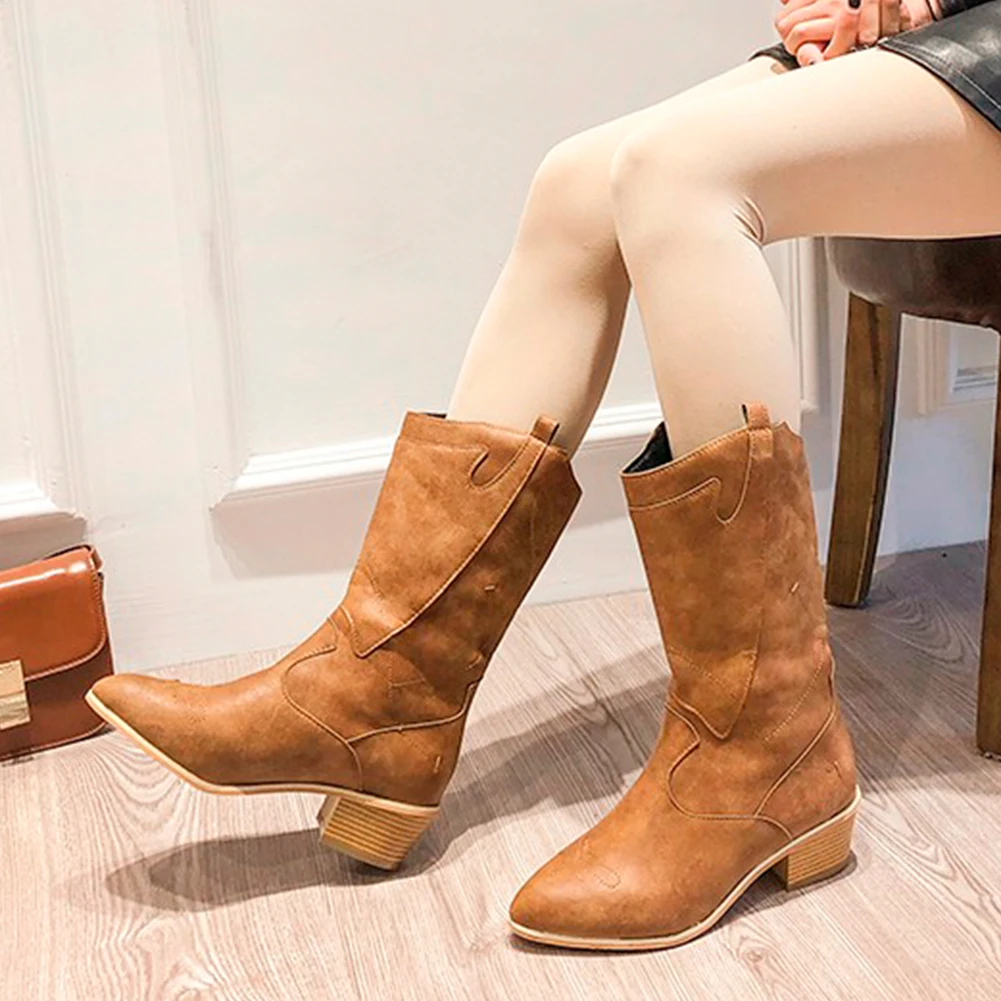 

Lapolaka New Wholesale Plus Size 43 Retro Chunky Heels women's Shoes Woman Western Boots mid-calf Boots Female