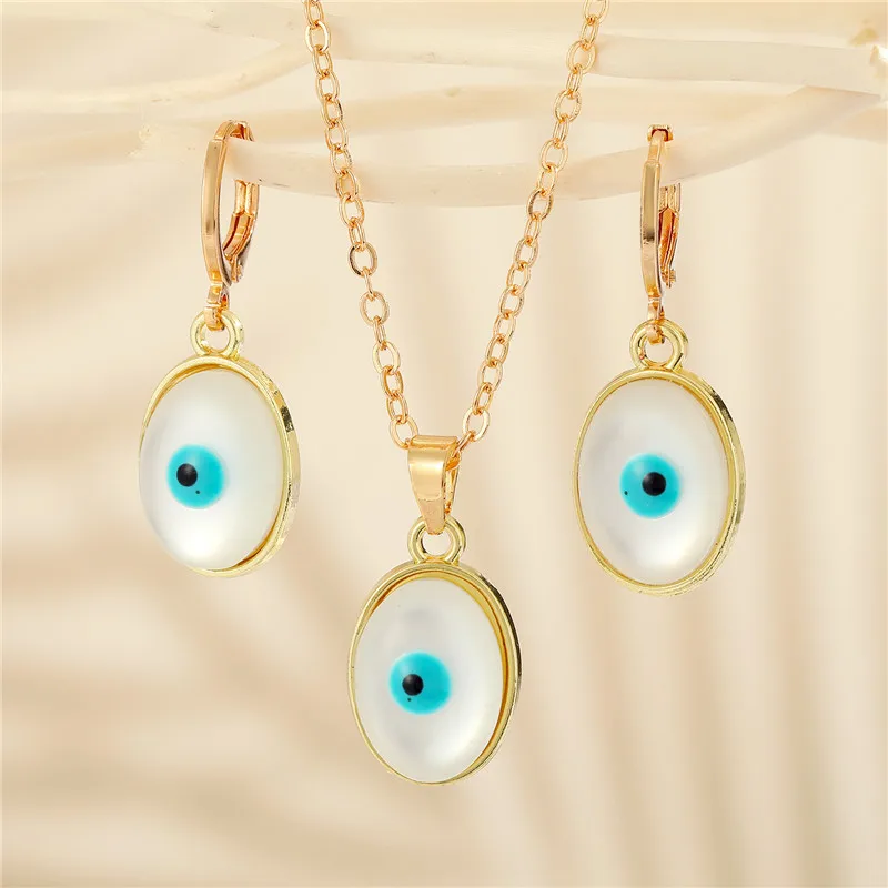 1 paire de boucles d'oreilles ovales mauvais œil pour femmes, collier  Vintage Simple blanc turc, clou d'oreille, chaîne ras du cou, bijoux |  AliExpress