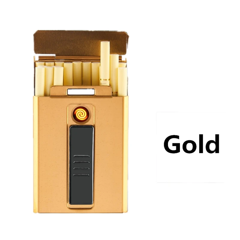 20 шт Емкость портсигар Чехол коробка с электронная USB Зажигалка для тонкая сигарета водонепроницаемый портсигар Плазменные зажигалки - Цвет: Gold