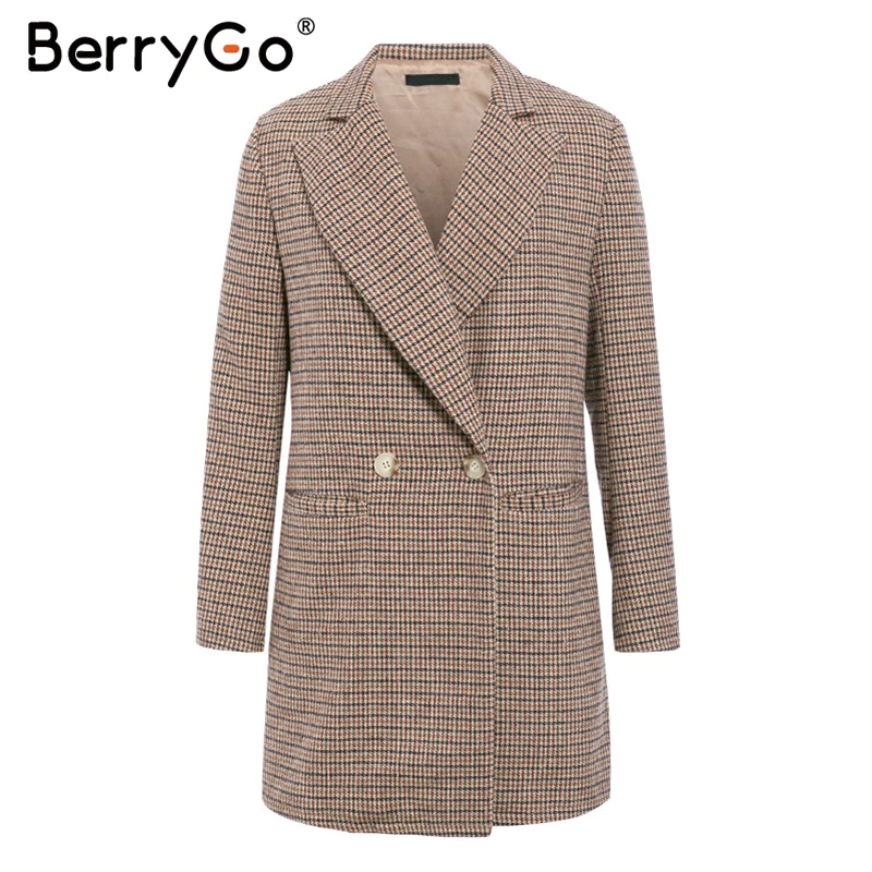 Хаки BerryGo, винтажные клетчатые пиджаки, женские, элегантные, для офиса, для девушек, Осень-зима, куртки с длинным рукавом, пуговицы, карманы, Женский блейзер, пальто - Цвет: Хаки