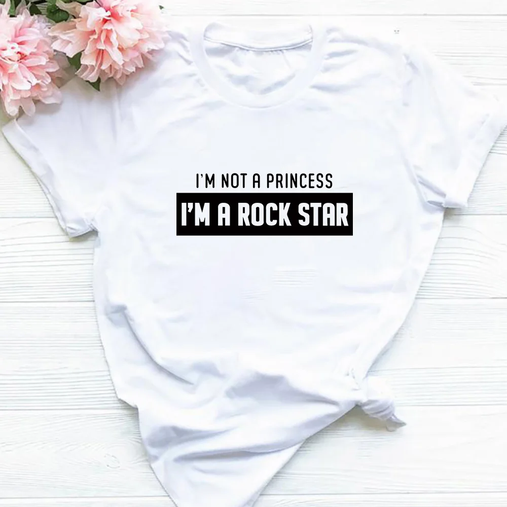 

2QIMU Women Cotton Tshirt Print I'm Not a Princess I'm a Rock Star Funny T Shirts Womens Teen Shirts Birthday Gift for Female