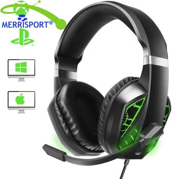 

Stereo Gaming Headset for PS4, PC, Xbox One Controller, Noise Cancelling Over Ear Headphone Mic, LED Light Black Green Led Light
