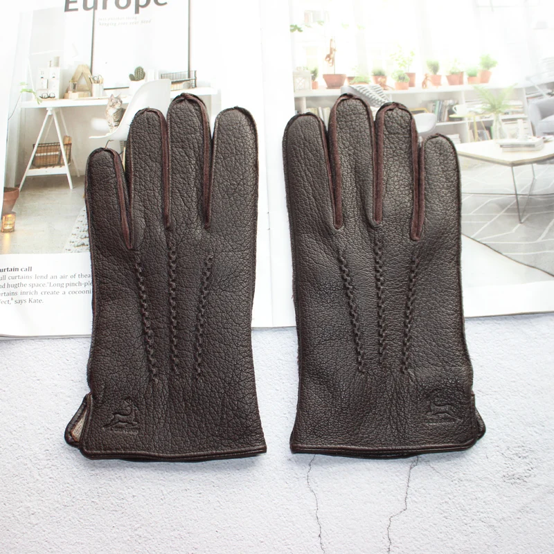 Leather Gloves Warm Gloves Male Gloves Deerskin Wool Knitted Lining Motorcycle Riding Driving Autumn Winter