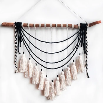 

Black and White Tassels Natural Wood Bohemian Decorative Tapestry Bedside Ornaments Bunker Soft Mandala Macreme Wall Hanging