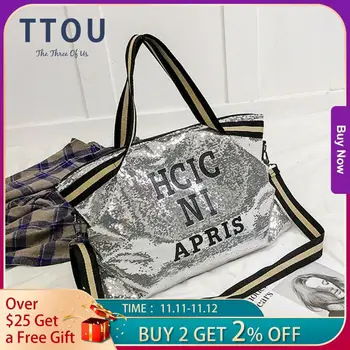 

Fashion Women Bling Sequins Shoulder Bags Big Capacity Casual Handbag for Lady Travel Large Tote Letter Printed Crossbody Bags