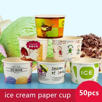 

50pcs Creative cartoon ice cream paper cup 260ml small disposable fried yogurt bowl takeaway packaging cups with transparent lid