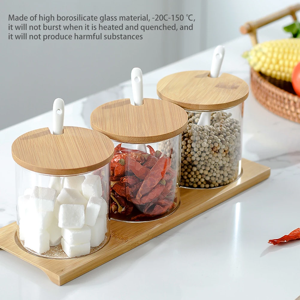 

3 Pcs Glass Spice Jar With Spoon Seasoning Container Organizer Spice Cans Pepper Shaker Storage Box With Bamboo Tray Kitchen