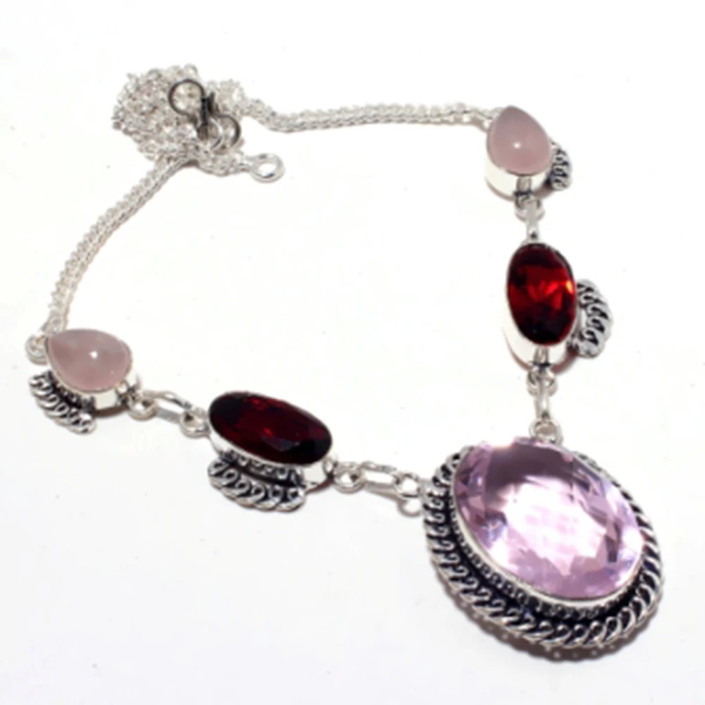 

Peach Topaz,Garnet,Rose Quartz Necklace Silver Overlay over Copper, 47.5 cm, N4125