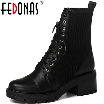 

FEDONAS Concise Cross Tied Round Toe Block Heel Ankle Boots Genuine Leather Zipper Shoes For Women Winter Party Shoes Woman