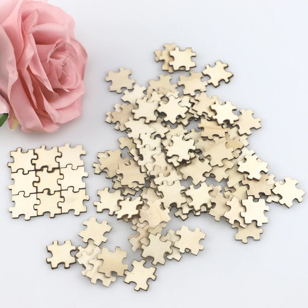 100pcs Blank Puzzle Pieces Unfinished Wood Puzzle Color Your Own Puzzles  for Kids DIY log assembly block jigsaw button