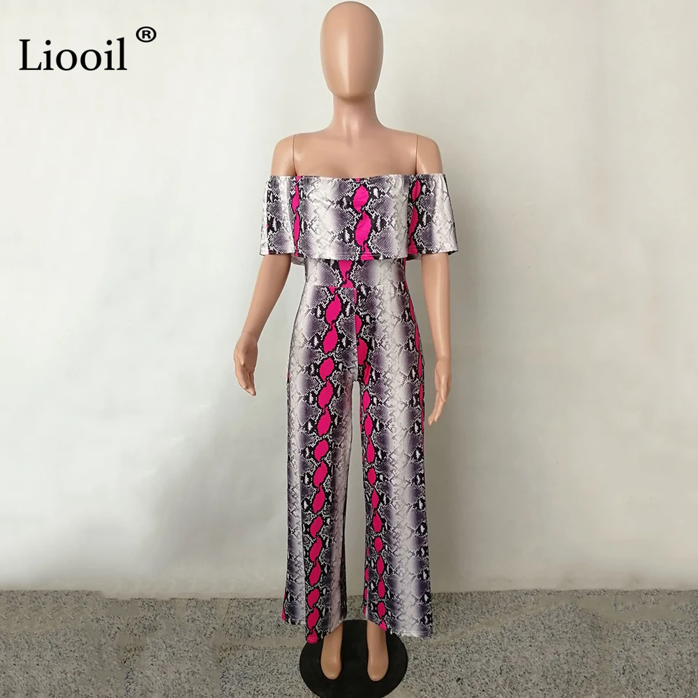 Liooil сексуальный комбинезон с принтом змеи комбинезоны с рюшами для женщин осень с открытыми плечами вечерние Клубные Комбинезоны женские s комбинезон