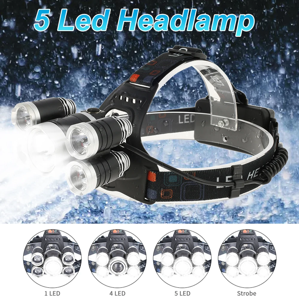 

Headlight 5 LEDs T6 Headlamp ZOOM Flashlight Torch Waterproof Headlamp for Camping Hunting Head Light Led Fishing Light Lantern